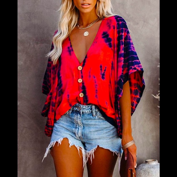 💋Sexy Deep V Neck Tie-dye Coral Red Loose Batwing Half Sleeves Button ⬇️ Shirt - Picture 1 of 13